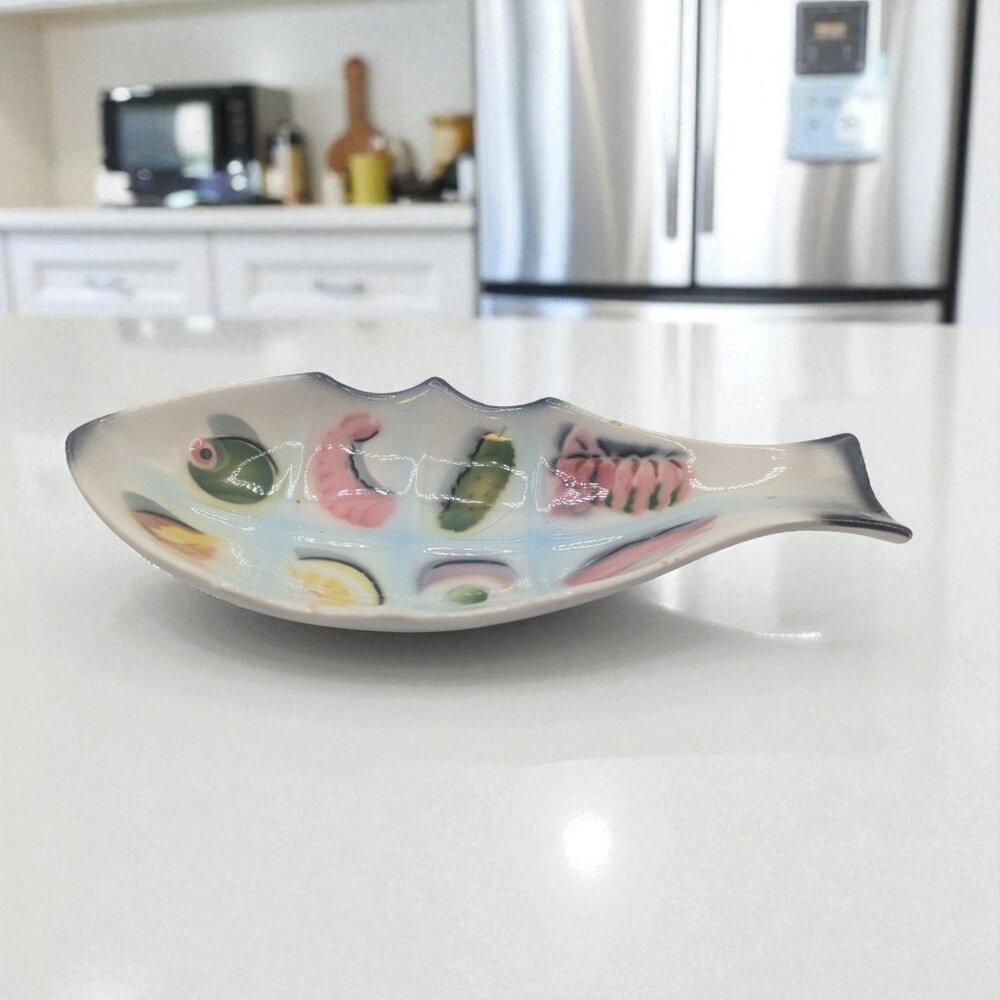 Hand-Painted Ceramic Fish-Shaped Divided Serving Dish With Vibrant Food Motifs